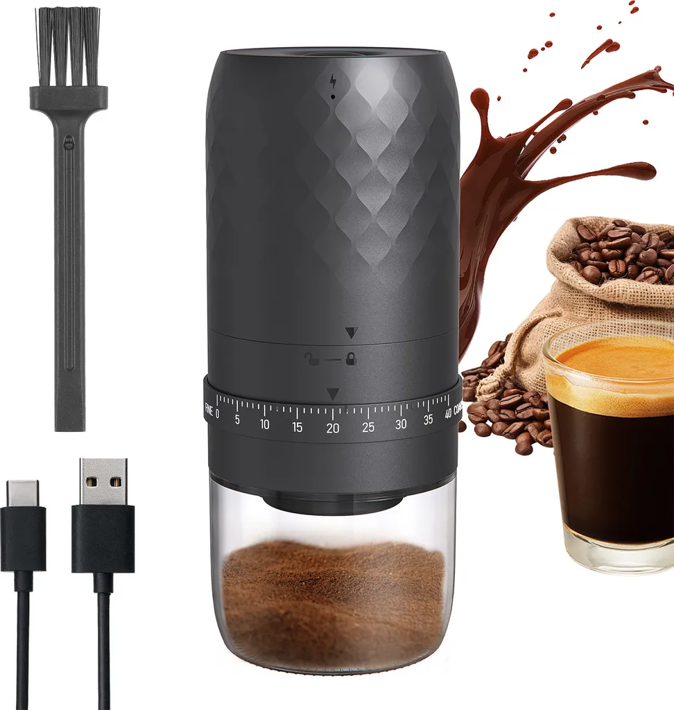 Lixada KMDJ-3AW Portable Coffee Grinder with 40 Grind Settings, 5-Blade Ceramic Conical Burr Grinder, One-Button Start and Auto-Stop, Hand-Guided Electric Espresso Grinder with Rechargeable Battery, Transparent Removable Ground Coffee Container