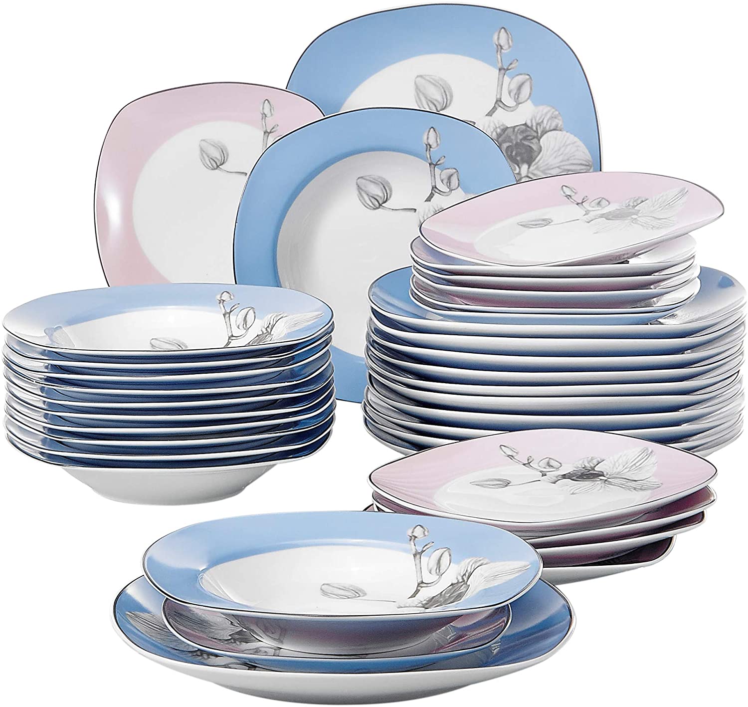 Veweet \'Debbie\' Porcelain Dinner Set, 18/36 Pieces Crockery Set, 20/40 Pieces Breakfast Set, 24/48 Pieces Dinner Set, 30/60 Pieces Combined Dinner Set