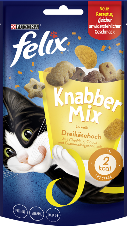 Felix Nibble Mix treats three-cheese high with Cheddar,- Gouda & Edam cheese flavor