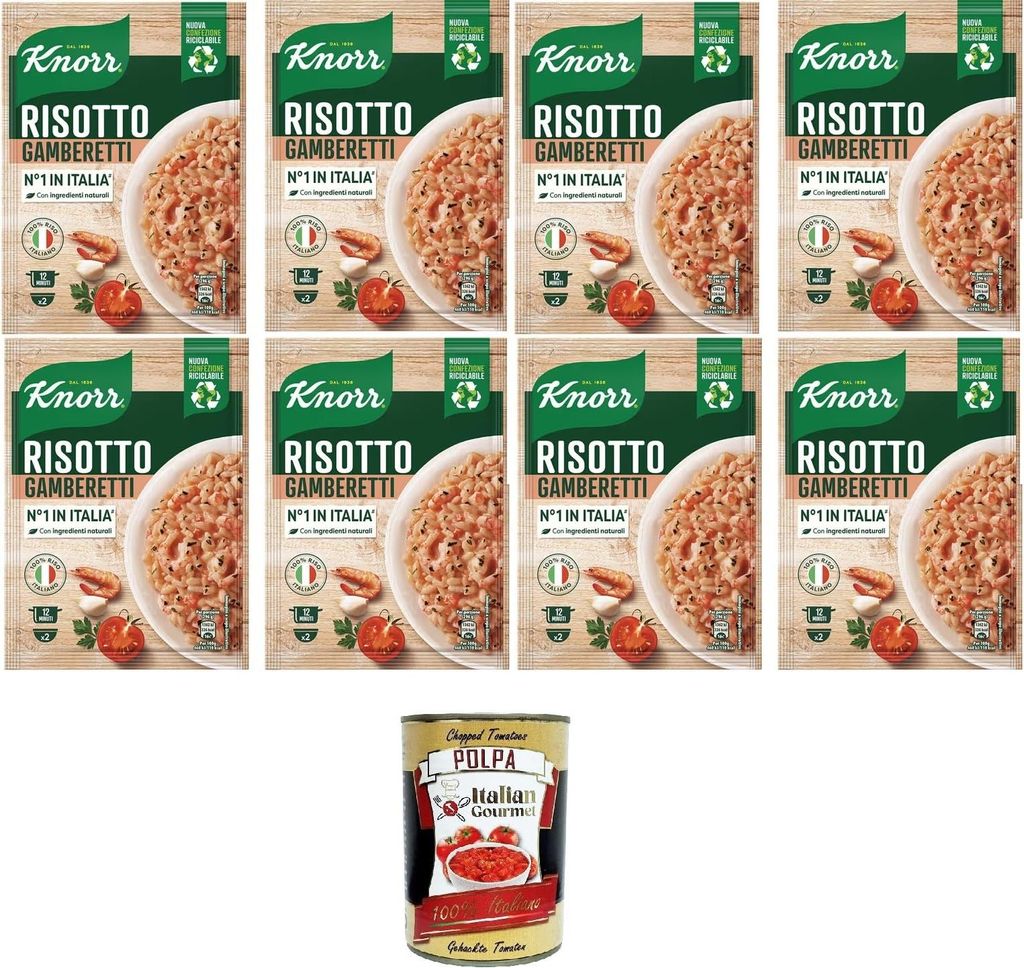 Italian Gourmet E.R. Knorr Prawn Risotto, ready-made risotto with natural ingredients, 100% Italian rice and al dente shrimp, prepared in a pot or microwave, 8 x 175 g + Italian Gourmet polpa 400 g