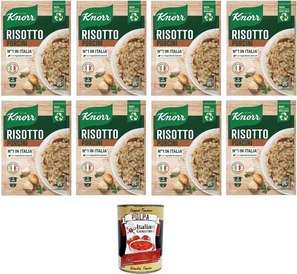 Italian Gourmet E.R. Knorr Risotto Ai Funghi Porcini, ready-made risotto with natural ingredients, 100% Italian rice and Chicci al Dente, prepared in a pan or in the microwave, 8 x 175 g + Italian Gourmet polpa 400 g
