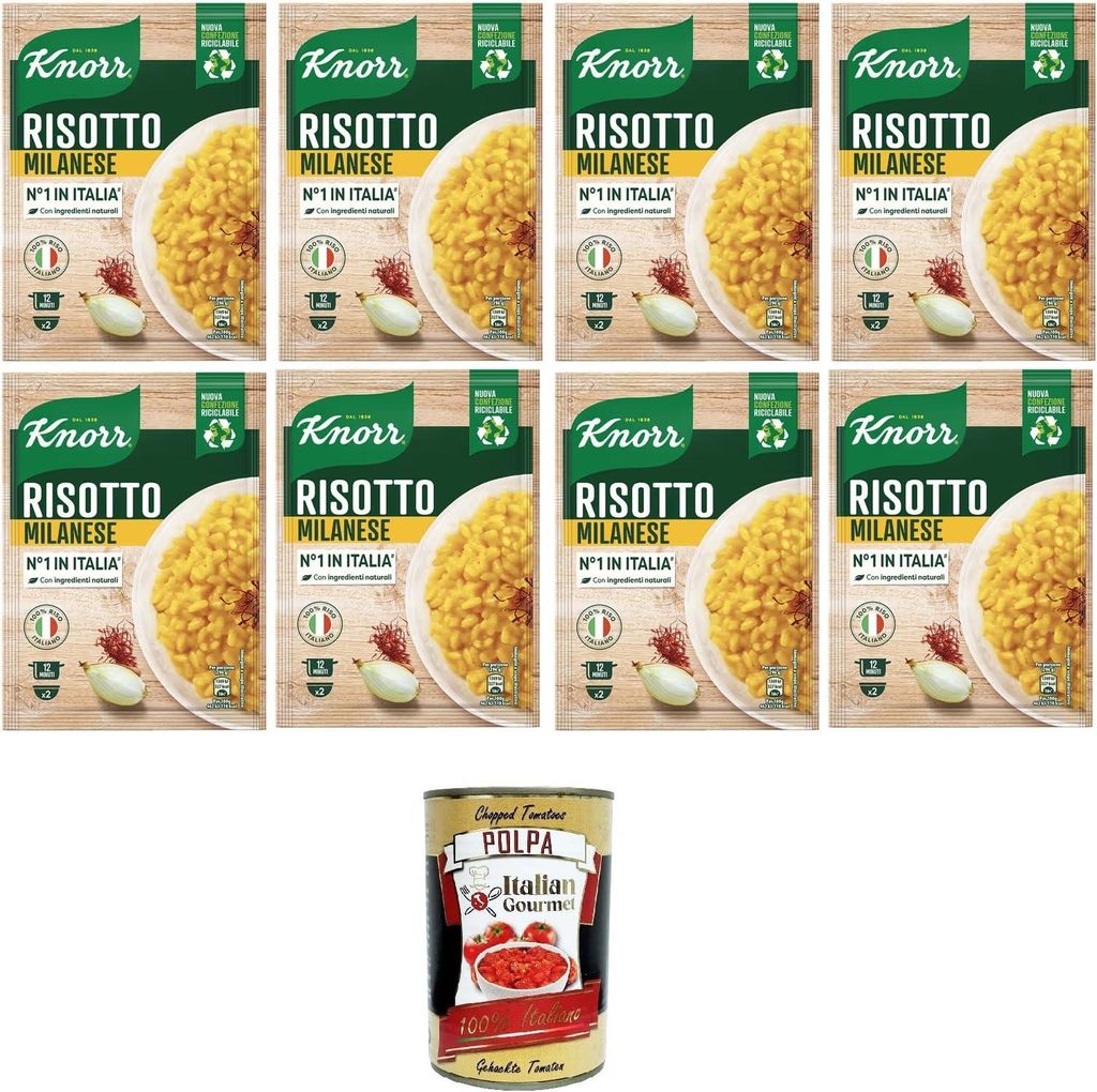 Italian Gourmet E.R. Knorr Risotto Alla Milanese, ready-made risotto with natural ingredients, 100% Italian rice and Chicci al Dente, prepared in a pan or in the microwave, 8 x 175 g + Italian Gourmet Polpa 400 g