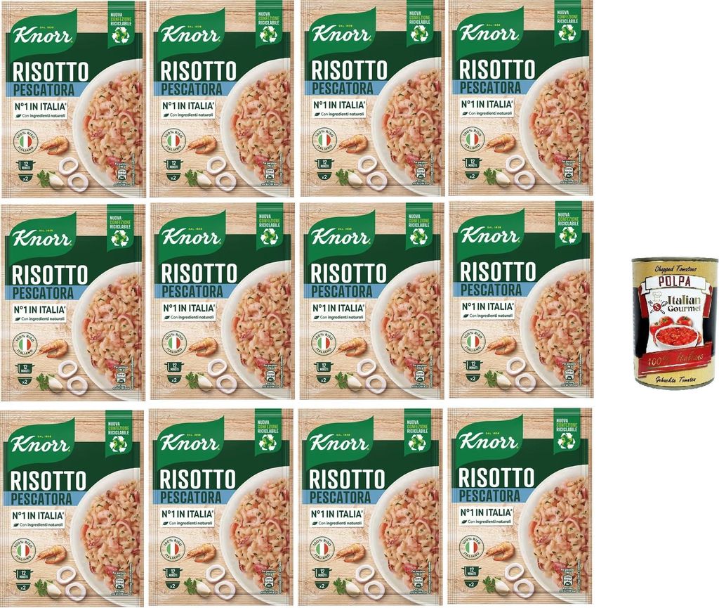 Italian Gourmet E.R. Knorr Risotto Alla Pescatora, ready-made risotto with natural ingredients, 100% Italian rice and Chicci al Dente, prepared in a pan or in the microwave, 12 x 175 g + Italian Gourmet Polpa 400 g