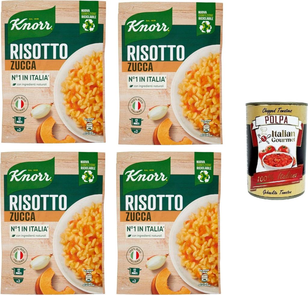 Italian Gourmet E.R. Knorr Risotto with Pumpkin, ready-made risotto with natural ingredients, 100% Italian rice and Chicci al Dente, prepared in a pot or in the microwave, 4 x 175 g + Italian Gourmet polpa 400 g
