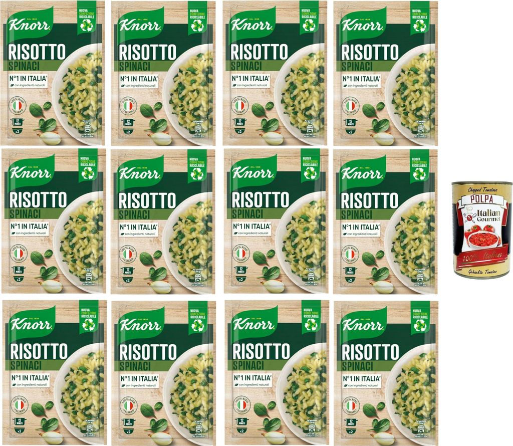 Italian Gourmet E.R. Knorr Risotto with Spinach, ready-made risotto with natural ingredients, 100% Italian rice and Chicci al Dente, prepared in a pot or in the microwave, 12 x 175 g + Italian Gourmet polpa 400 g