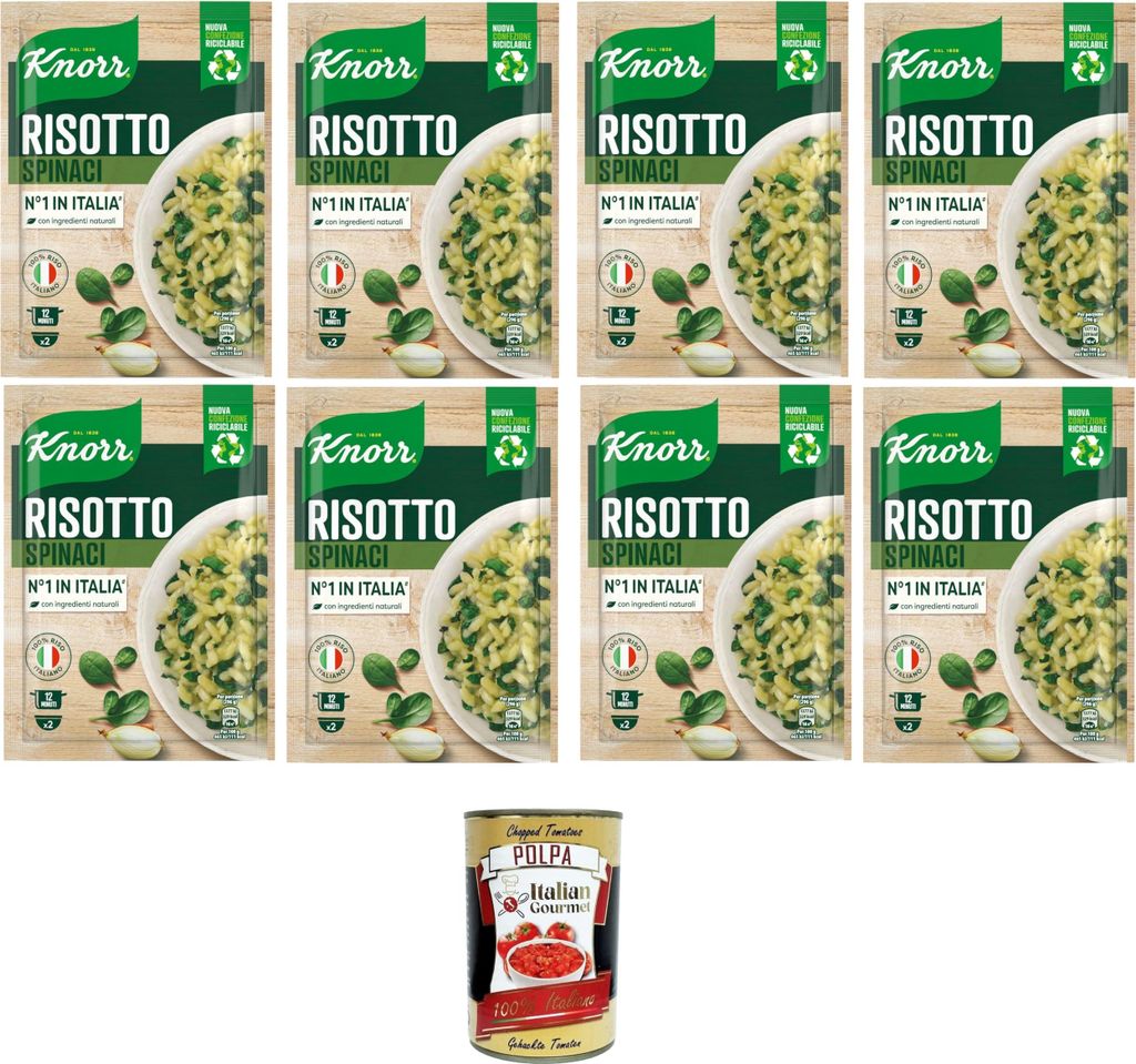 Italian Gourmet E.R. Knorr Risotto with Spinach, ready-made risotto with natural ingredients, 100% Italian rice and Chicci al Dente, prepared in a pot or in the microwave, 8 x 175 g + Italian Gourmet Polpa 400 g