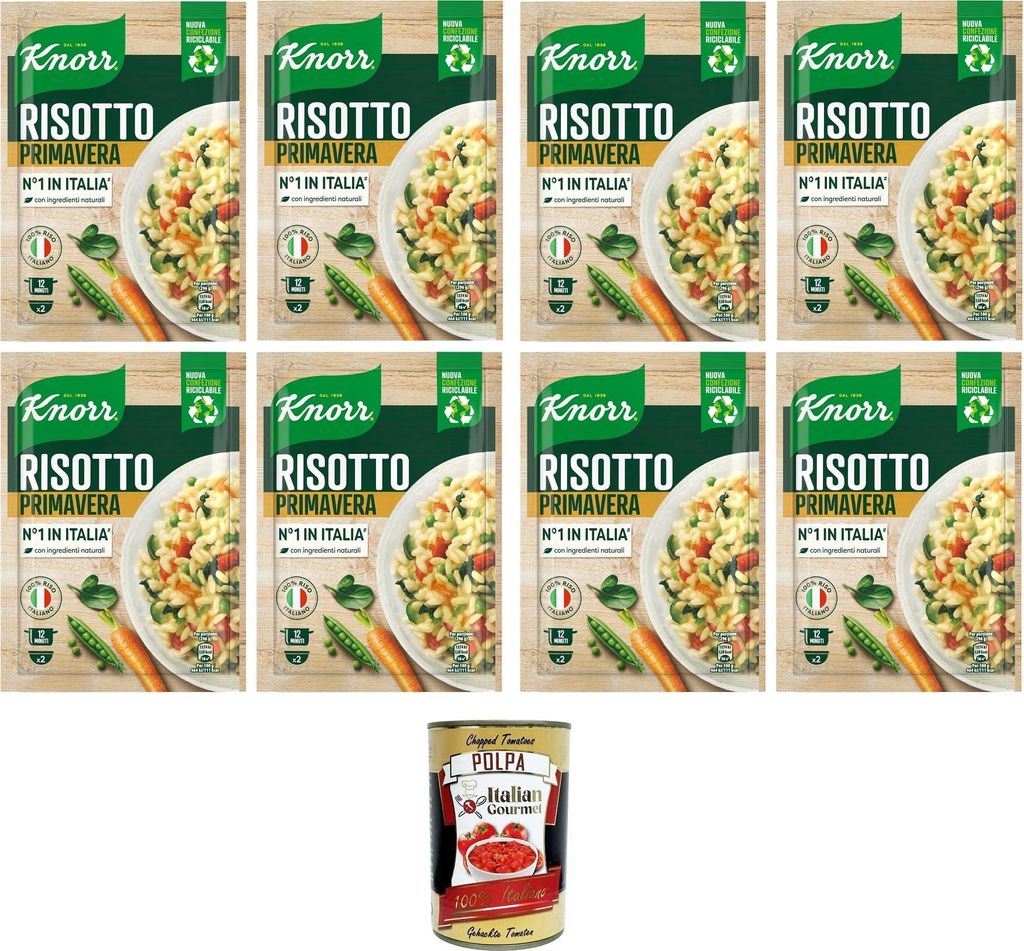 Italian Gourmet E.R. Knorr Risotto Primavera, ready-made risotto with natural ingredients, 100% Italian rice and Al Dente Chicci, prepared in a pot or in the microwave, 8 x 175 g + Italian Gourmet polpa 400 g