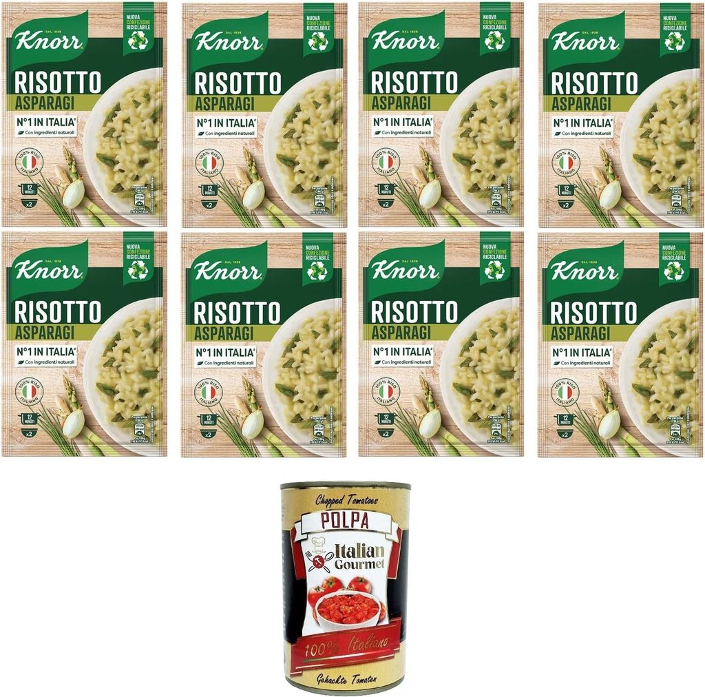 Italian Gourmet E.R. Knorr Asparagus Risotto, ready-made risotto with natural ingredients, 100% Italian rice and al dente chicory, prepared in a pan or in the microwave, 8 x 175g + Italian Gourmet polpa 400g