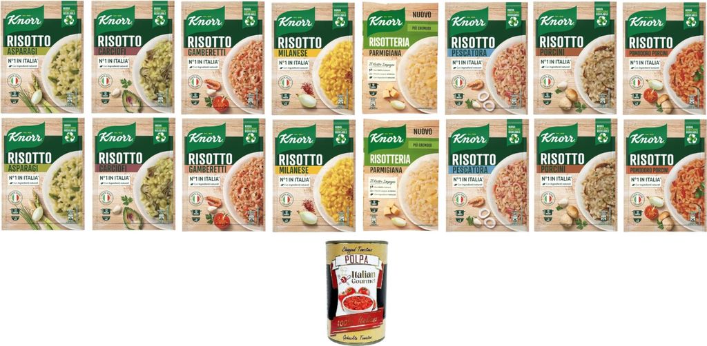 Italian Gourmet E.R. Knorr Test Pack Risotto: Asparagus, Artichokes, Milanese, Parmigiana, Tomato and Porcini Mushrooms, Porcini Mushrooms, Pescatora, Shrimp 16x175g + Italian Gourmet Polpa 400g