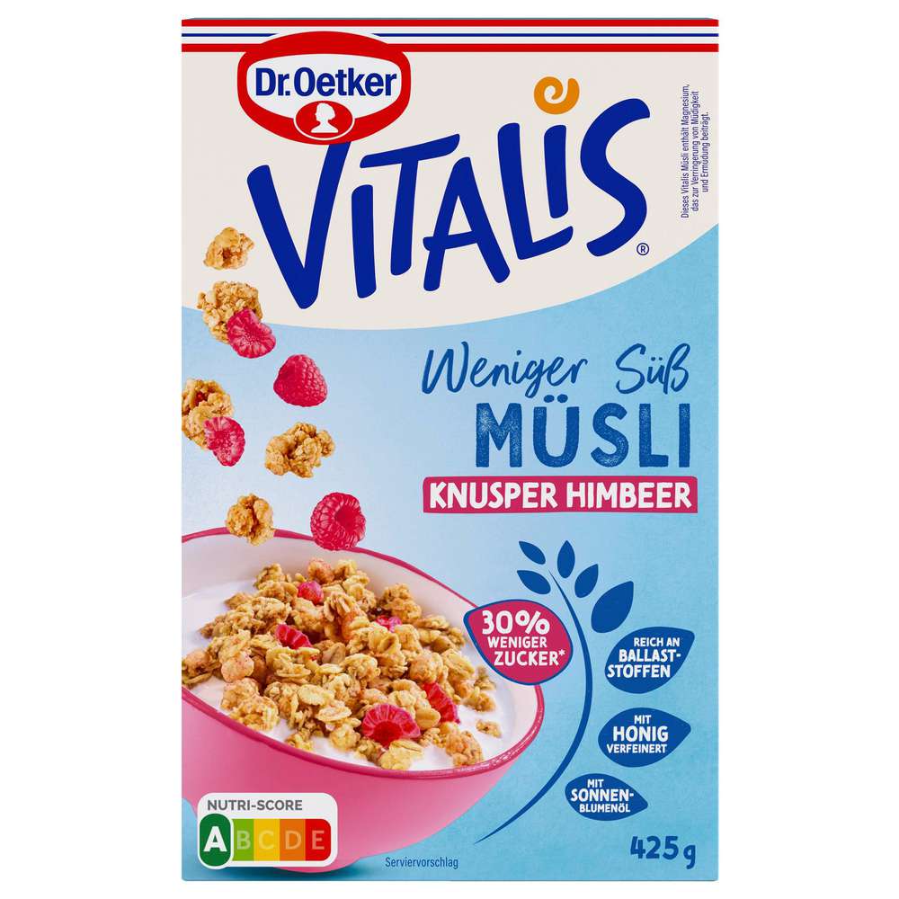 Dr. Oetker Crunchy Raspberry Muesli Vitalis, less sweet, without raisins