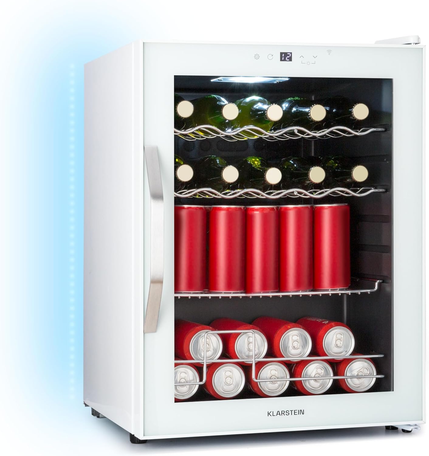 Klarstein Coachella 60 Drinks Fridge - 60 L Drinks Cooler with WiFi, Glass Door, LED Interior Lighting, 3-18°C, 7 Light Colours, 3 Metal Shelves, Energy Efficiency E, White
