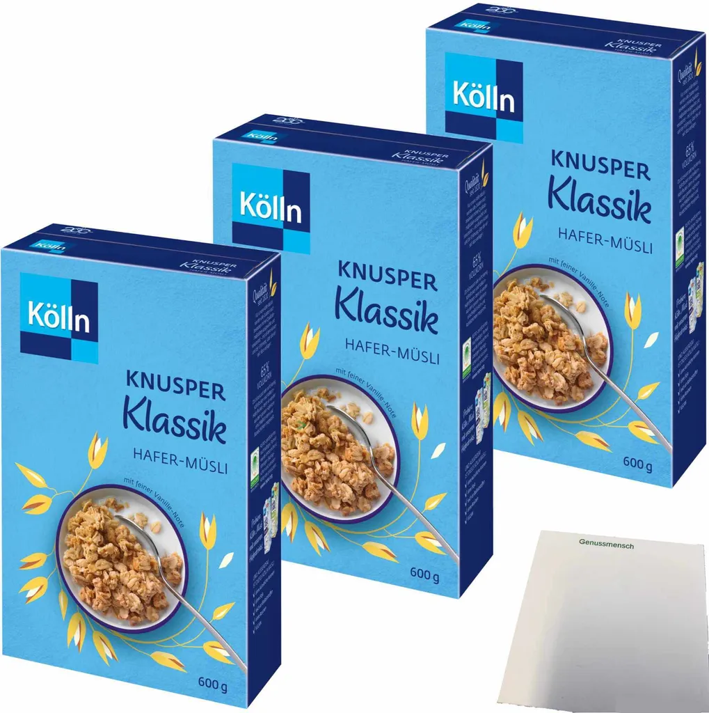 Kölln Crunchy Muesli Classic with wholegrain oat flakes and a subtle vanilla note, 3-pack (3x600g pack) + usy Block