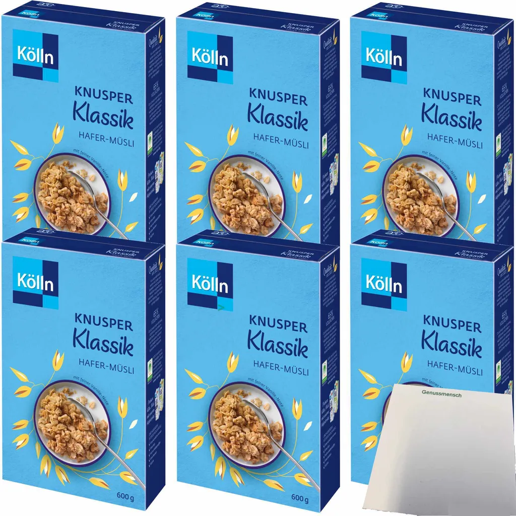 Kölln Crunchy Muesli Classic with wholegrain oat flakes and a subtle vanilla note, 6-pack (6x600g pack) + usy Block