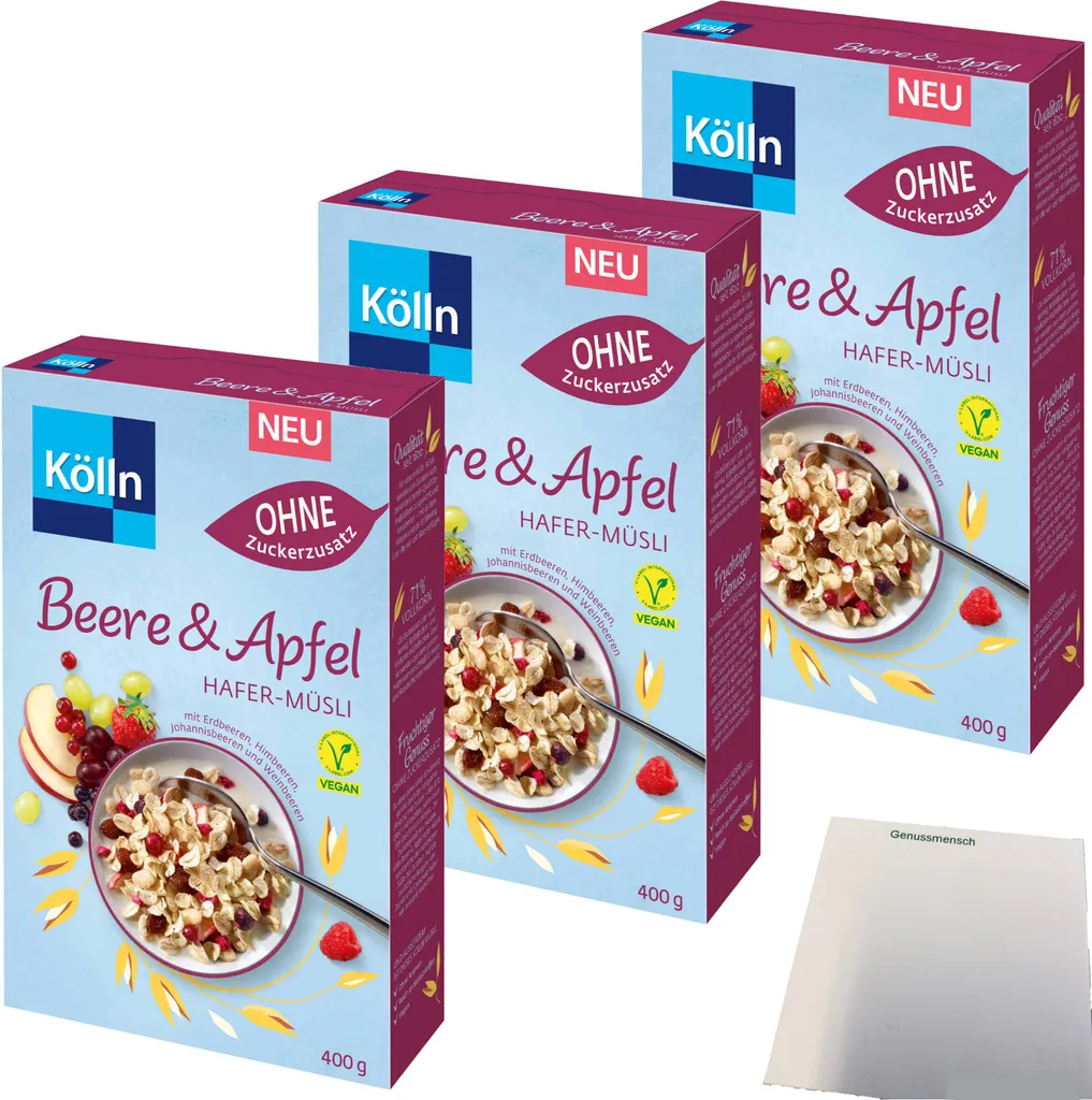 Kölln Muesli Berry-Apple-Oat without added sugar 3-pack (3x400g pack) + usy Block