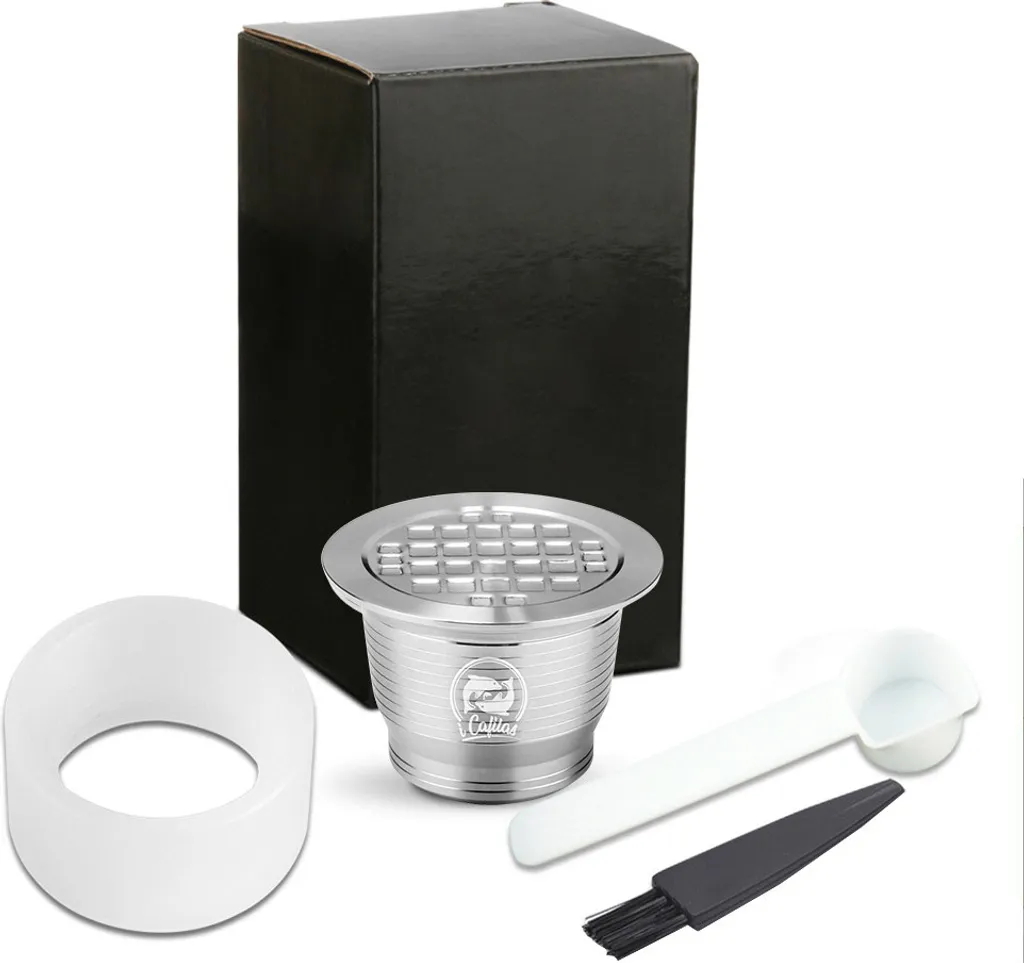 homgeek Compatible with Nespresso stainless steel coffee capsules. Reusable refillable coffee capsule cup filter with brush spoon and powder press ring.
