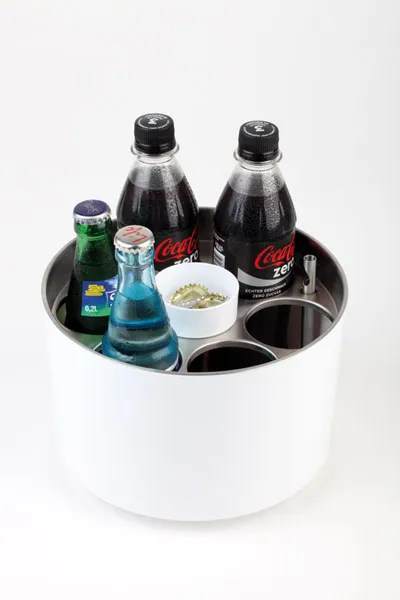 Conference cooler CONFERENCE D: 23 cm, H: 15 cm, white, plastic, SAN, stainless steel, bottle opener, crown cap tray