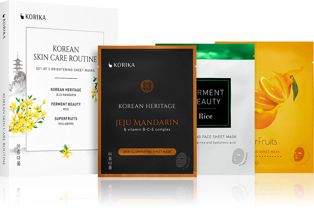 KORIKA KOREAN SKIN CARE ROUTINE SET OF 3 BRIGHTENING SHEET MASKS Set (for rejuvenation of facial skin)