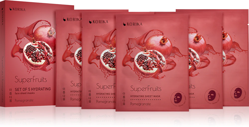 KORIKA SuperFruits Pomegranate - Set of 5 Hydrating Face Sheet Masks Face mask set at a discounted price Pomegranate (with moisturizing effect)