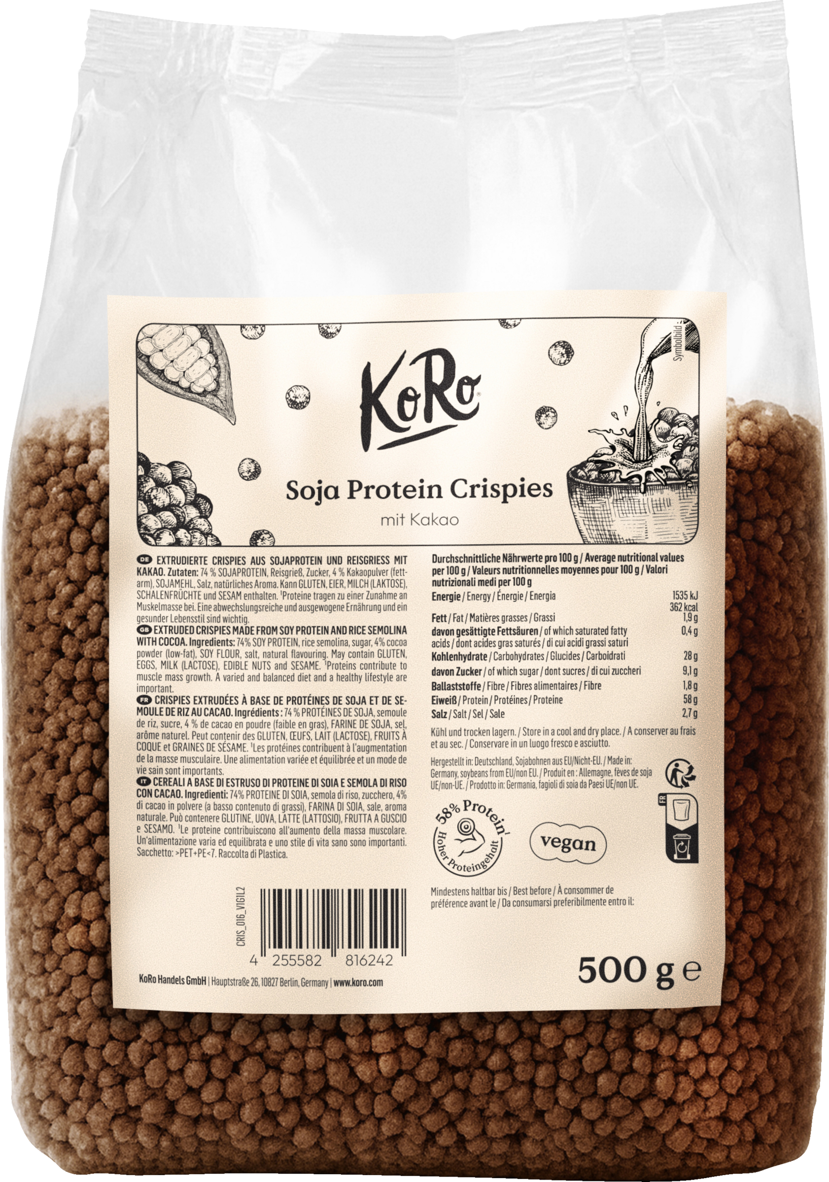 KoRo Soy Protein Crispies with Cocoa and 58g Protein