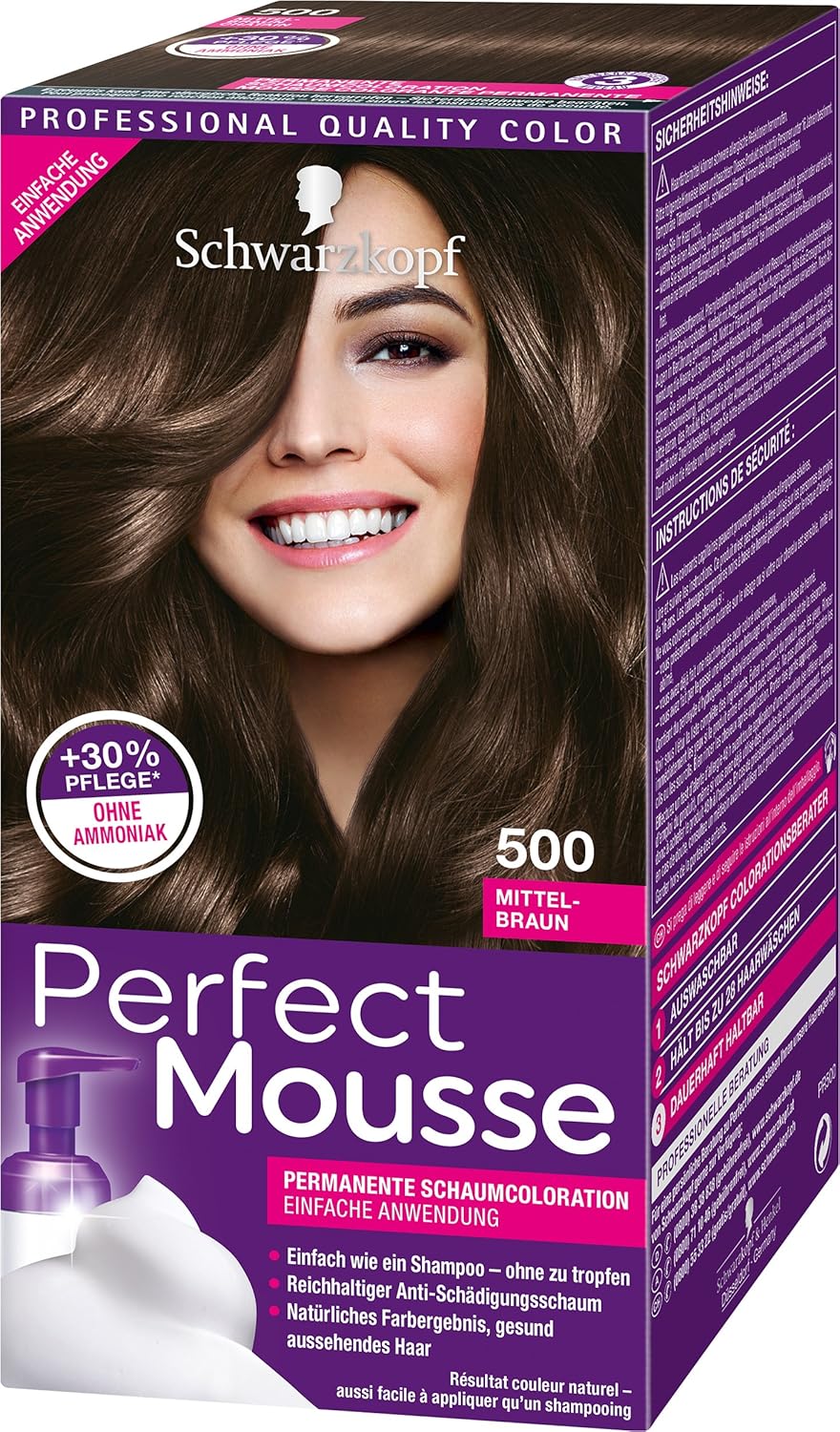 Schwarzkopf Perfect Mousse Permanent Foam Color, 500 Medium Brown, Level 3, Pack of 3 (3 x 93 ml)