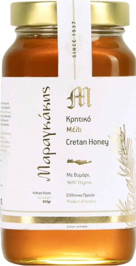 Cretan Thyme Honey 950g in a jar from Crete by Maragkakis Family. Rich flavor, smooth texture. Honey from a 4th generation beekeeper.