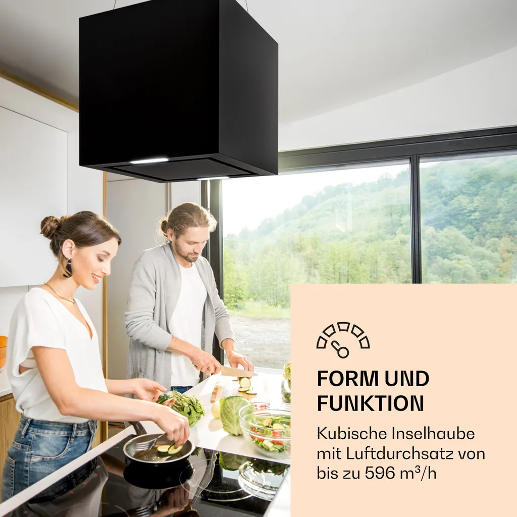 KLARSTEIN Chandelier island extractor hood 596m³/h LED panel, color: black