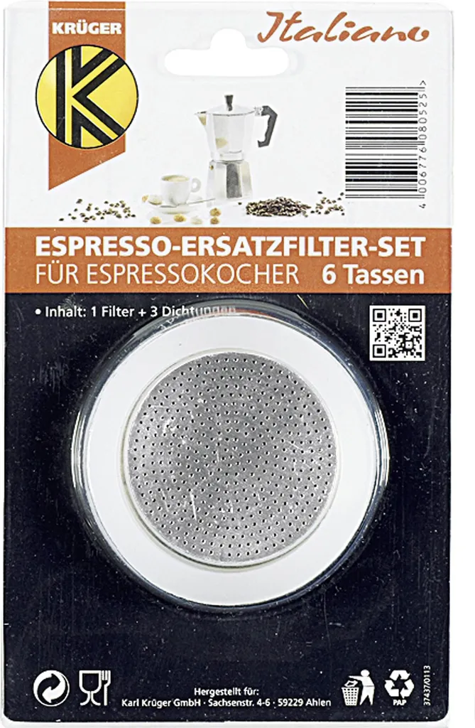 Kruger Krüger 505 Espresso Replacement Filter Set for 6-Cup Espresso Makers, White/Silver, 4-Piece (1 Set)