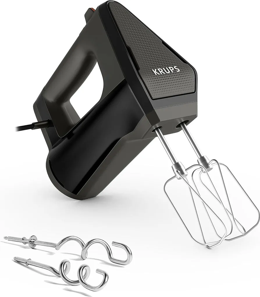 Krups 3MIX 6000 Hand Mixer, 600 W, precise control, soft-touch handle, long cable, practical speed control, hand mixer including beaters and dough hooks, black, GN6028