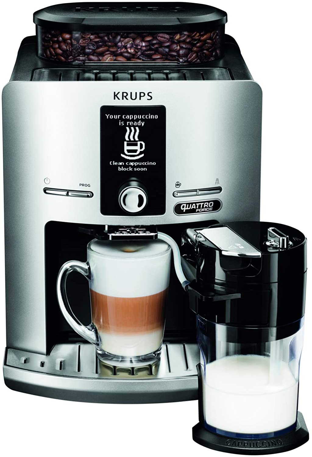 Krups Espresso Bean Grinder with Milk Frother Stainless Steel Pot Coffee Machine Coffee Beans, Professional, silver colours