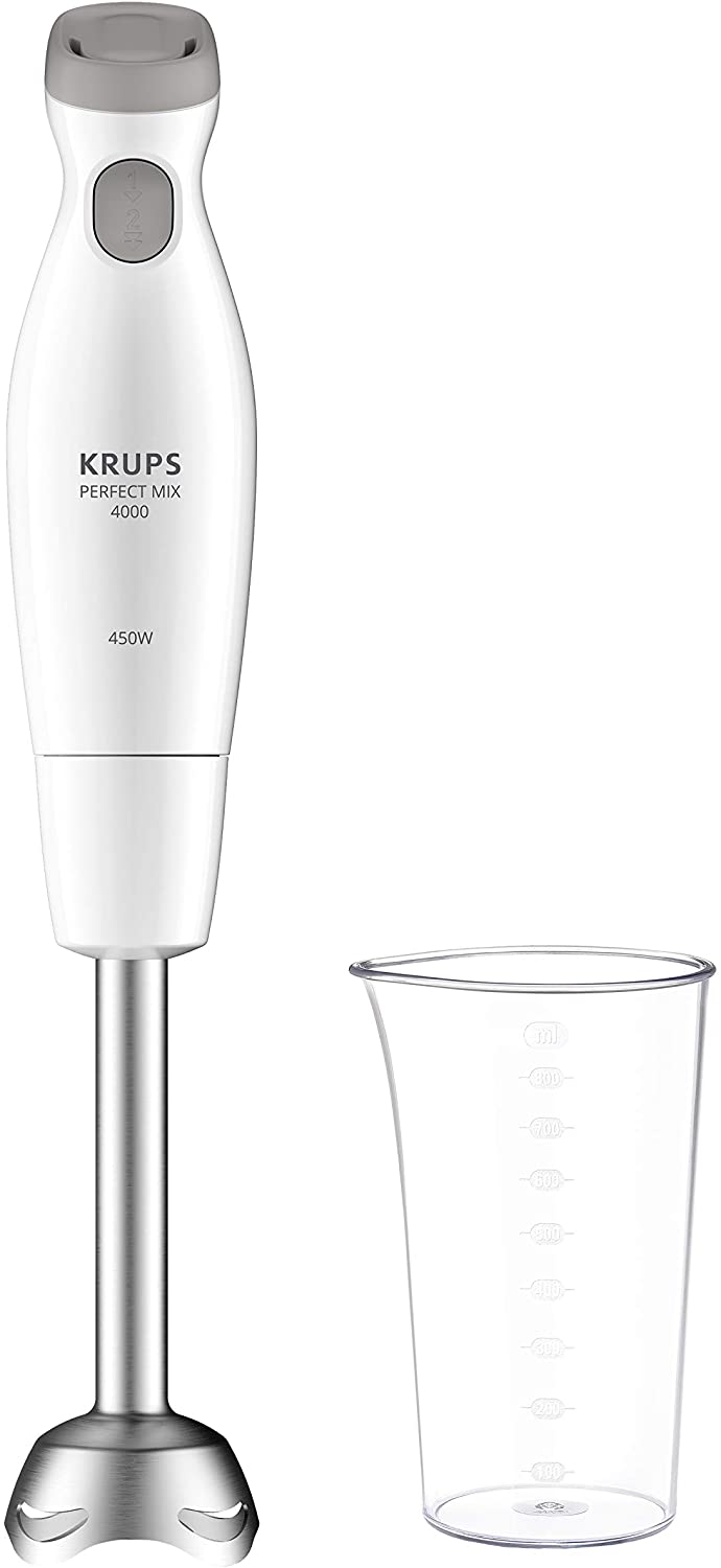 Krups HZ4511 Hand Blender Perfect Mix 4000, 450 Watt, Purée Stick, 2 Speeds, Stainless Steel Base, 2 Zelkrom Blades, White/Light Grey