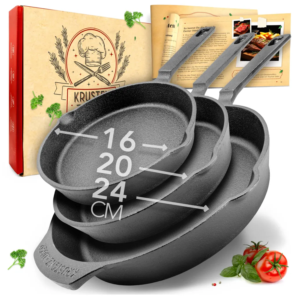 KRUSTENZAUBER 16+20+24cm Cast Iron Pans for Induction Cooking - Pre-Seasoned Cast Iron Pans - Ideal Grill Pan for Induction Cooking, Iron Pan, Cast Iron Pan, Frying Pan, Cast Iron Skillet Pan