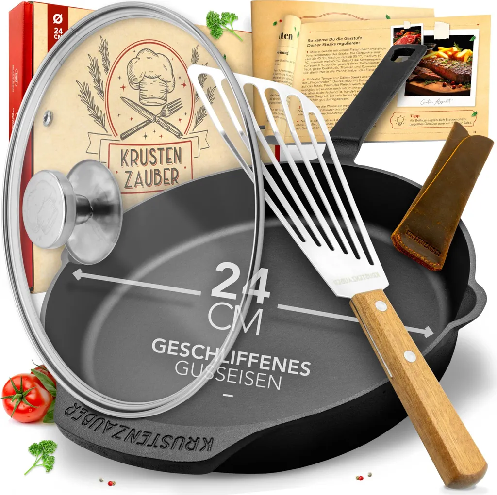 KRUSTENZAUBER 24cm Cast Iron Pan Induction Set - Finely Polished Cast Iron Pan - Ideal Grill Pan for Induction Cooking, Iron Pan, Cast Iron Pan, Frying Pan, Cast Iron Skillet Pan