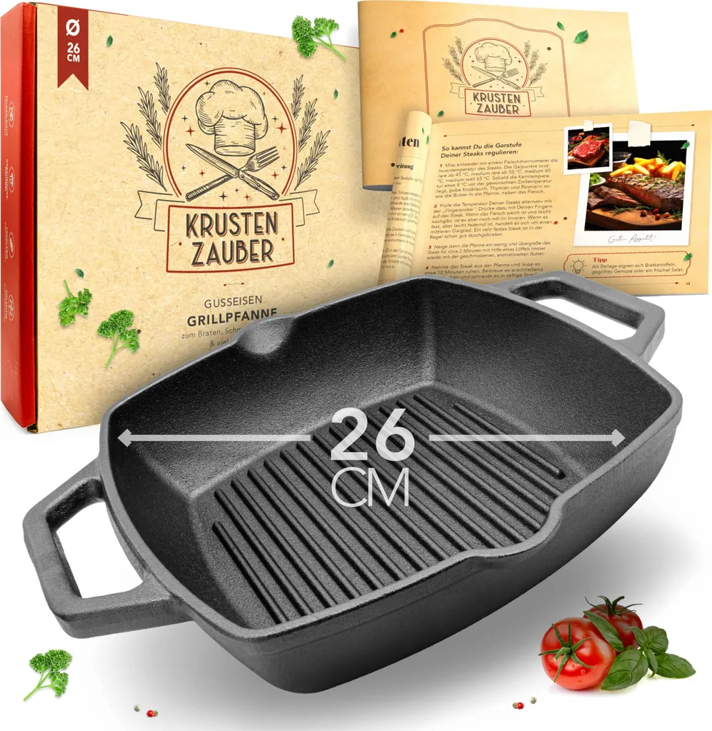 KRUSTENZAUBER 26cm Grill Pan Induction Double Handle - Ribbed Cast Iron Pan Induction - Ideal Cast Iron Pan, Iron Pan, Cast Iron Pan, Frying Pan, Cast Iron Skillet Pan