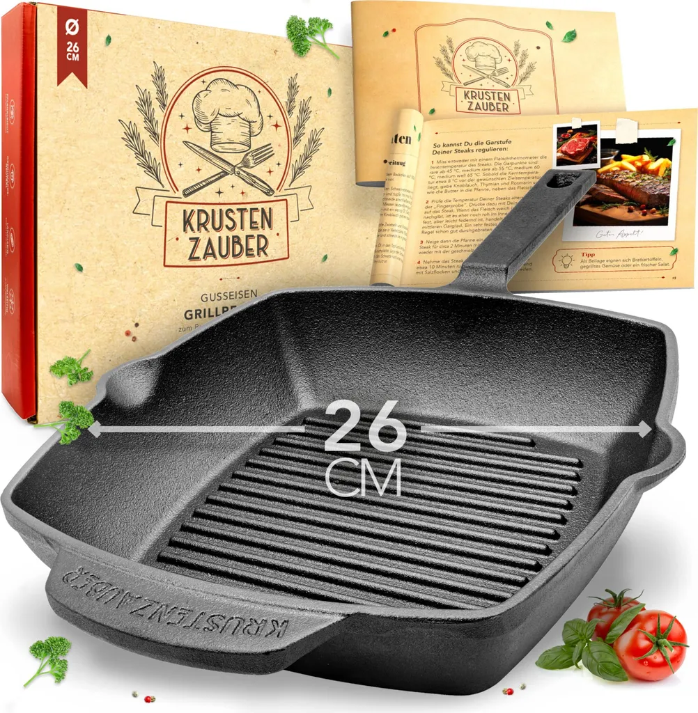 KRUSTENZAUBER 26cm Grill Pan Induction Style Handle - Ribbed Cast Iron Pan Induction - Ideal Cast Iron Pan, Iron Pan, Cast Iron Pan, Frying Pan, Cast Iron Skillet Pan