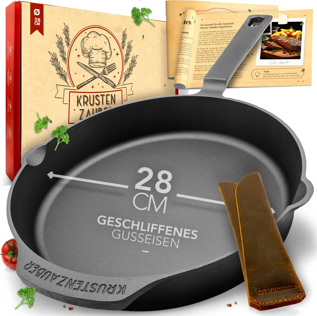 KRUSTENZAUBER 28cm Cast Iron Pan for Induction Cooking - Finely Polished Cast Iron Pan - Ideal Grill Pan for Induction Cooking, Iron Pan, Cast Iron Pan, Frying Pan, Cast Iron Skillet Pan