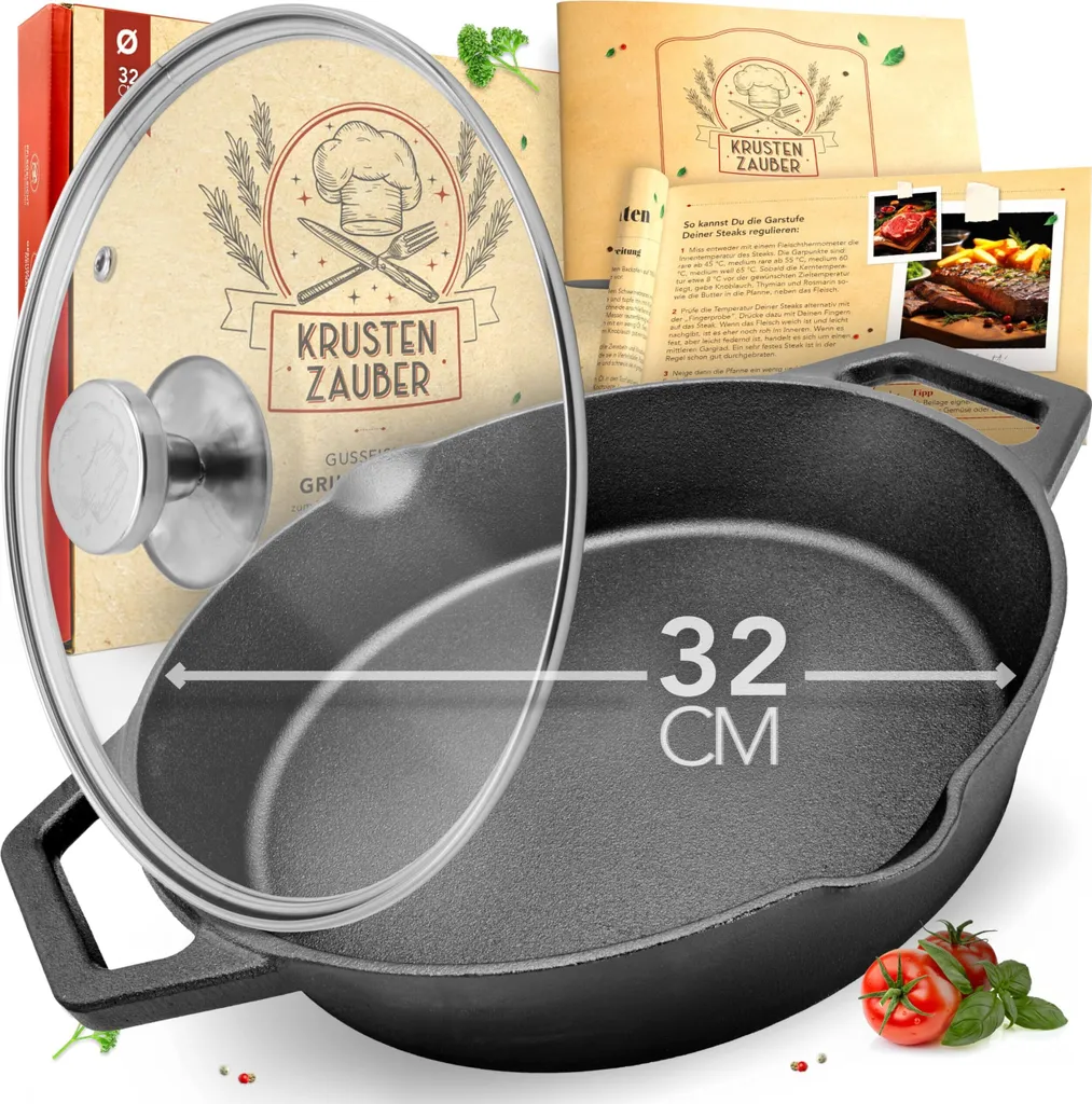 KRUSTENZAUBER 32cm Cast Iron Pan for Induction Cooking - Pre-Seasoned Cast Iron Pan - Ideal Grill Pan for Induction Cooking, Iron Pan, Cast Iron Pan, Frying Pan, Cast Iron Skillet Pan