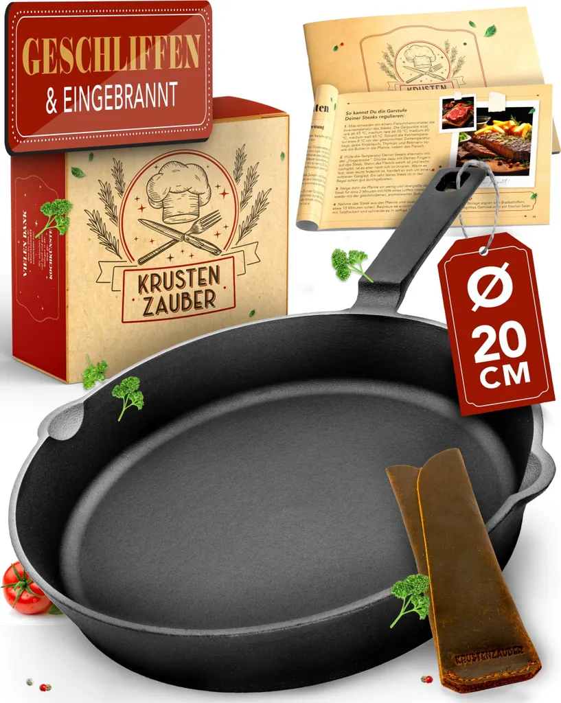 KRUSTENZAUBER Cast Iron Pan, Induction Compatible, 20cm, incl. Instructions and Recipe Book - Ground Cast Iron Pan, Iron Pan, Cast Iron Pan