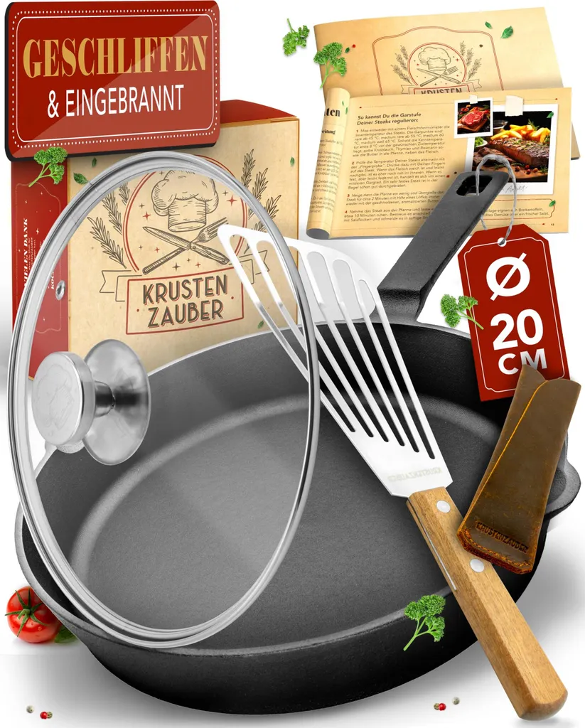 KRUSTENZAUBER Cast Iron Pan, Induction Compatible, 20cm, including Lid and Spatula - Ground Cast Iron Pan, Iron Pan, Cast Iron Pan