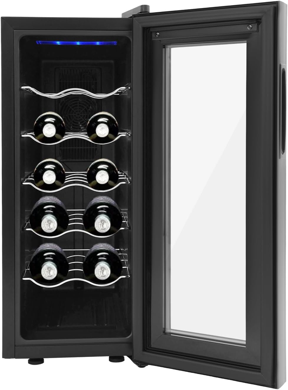Wine Fridge (12 Bottles 33 Liters) - Quiet Wine Cooler with LED Lighting and UV Protection - Precise 12-18°C Temperature Control, 5 Adjustable Shelves - for Red Wine, Champagne (Black)