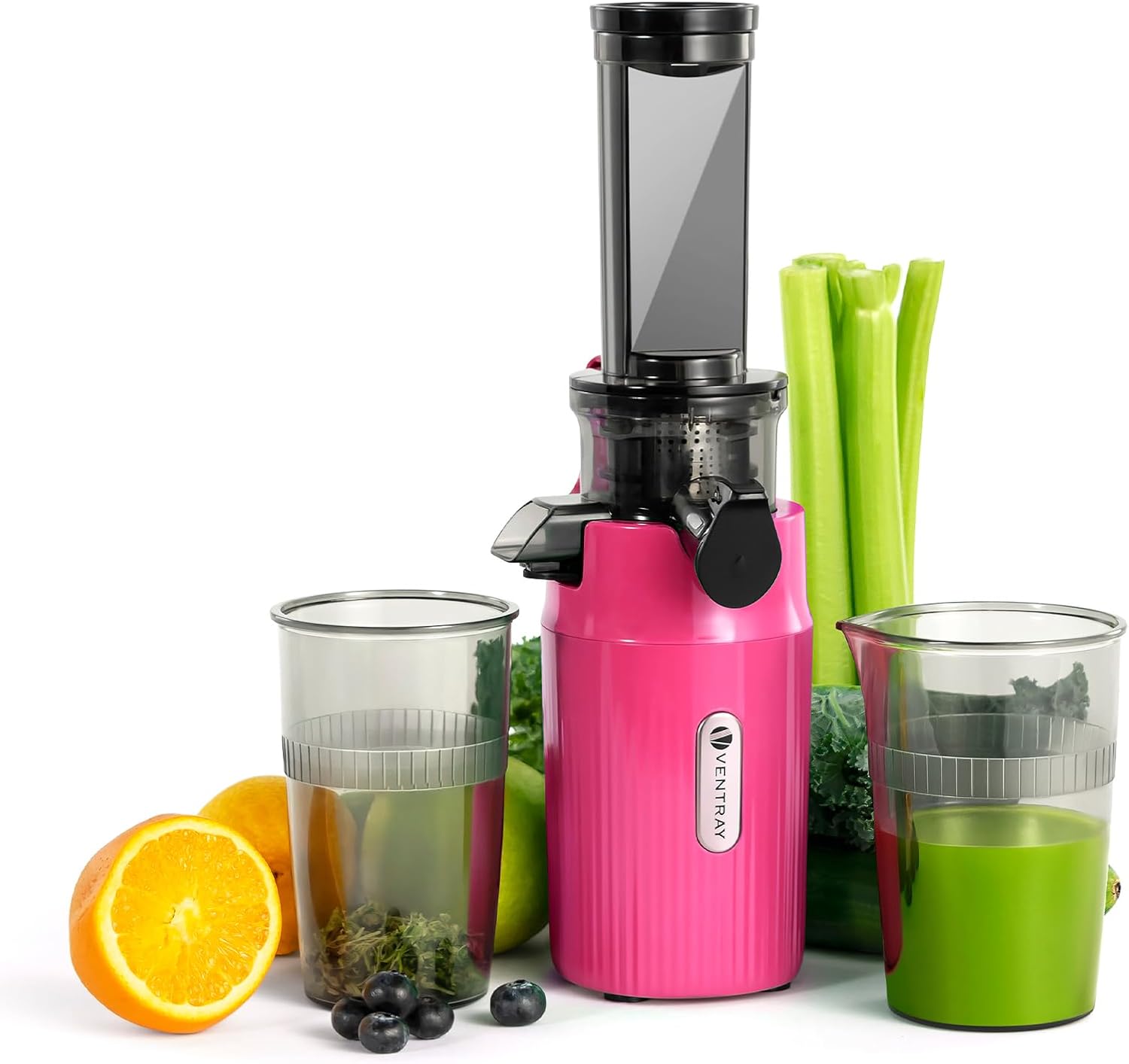 Ventray Ginnie Juicer Slow Juicer with 60 rpm, 45 mm Opening, Reverse Function and Two Filter Sizes, BPA-Free, 100 Watts, Easy to Clean & Quiet, Slim Design, 400 ml, Pink