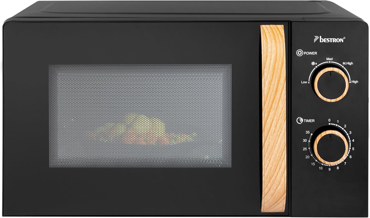 Bestron 700 Watt Microwave, Two-Piece Control Panel with 5 Power Levels and 35 Minute Timer, Continuously Adjustable, with 25.5 cm Turntable for All Standard Sizes, Black & Wood, Colour: Black/Wood