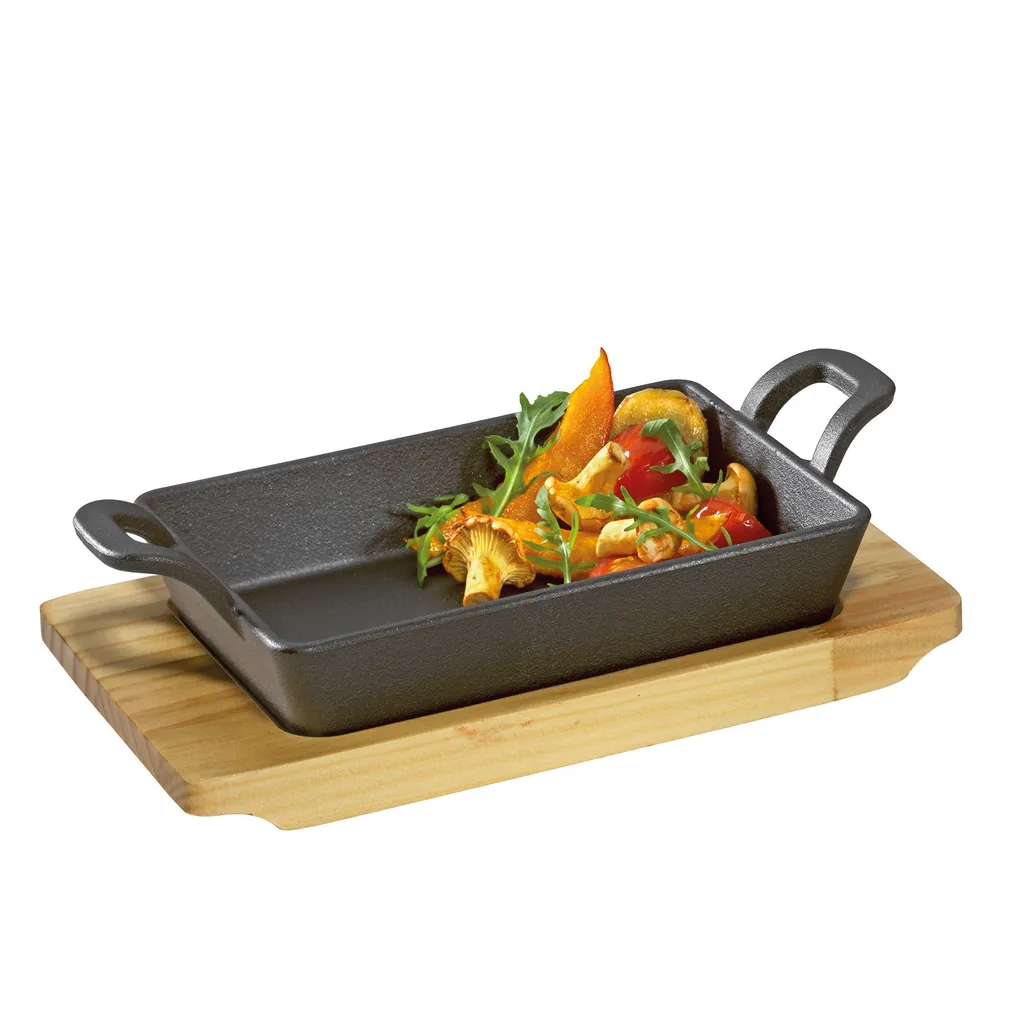 Küchenprofi Kitchen Professional Square Serving Pan with 2 Handles and Wooden Board BBQ 21.5x12.5x6cm