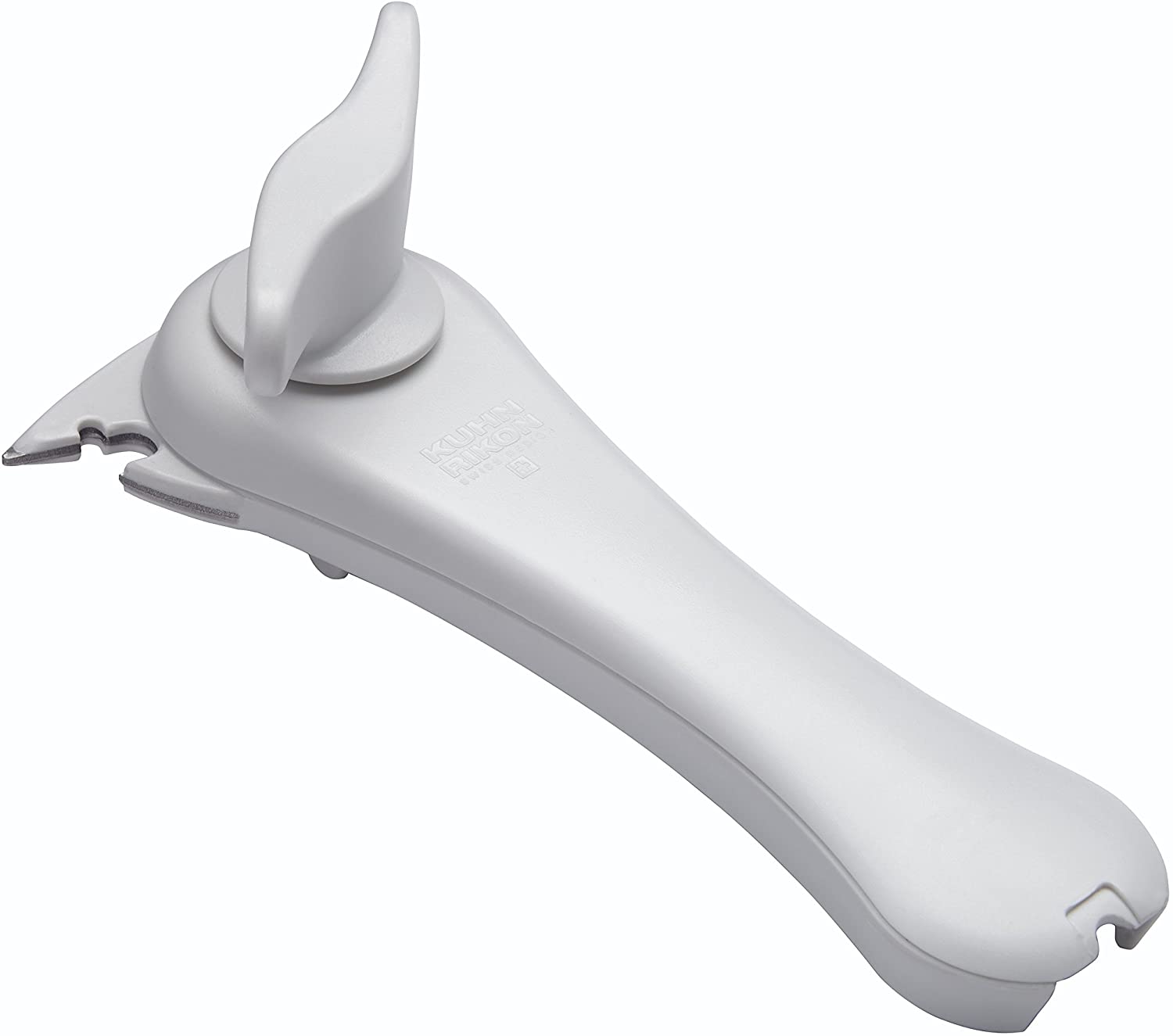 KUHN RIKON 5-in-1 can opener, white, automatically holds the edge of the can, little effort required, opens cans, bottles, bottle caps and more, 18 x 9.5 x 6.3 cm