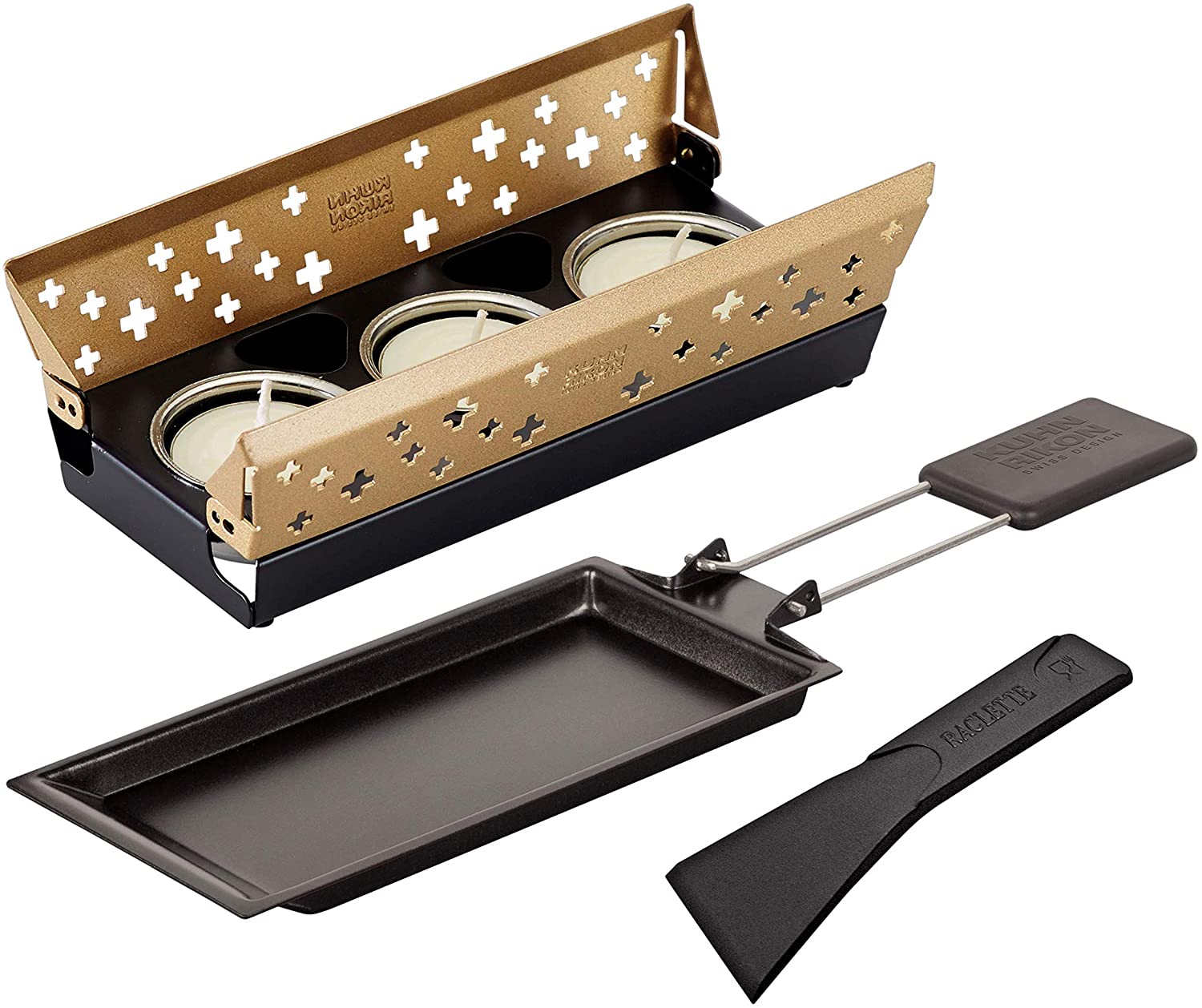 KUHN RIKON Candle Light Mini Swiss Cross Raclette Set, Gold, Non-Stick Grill Pan with Tea Light