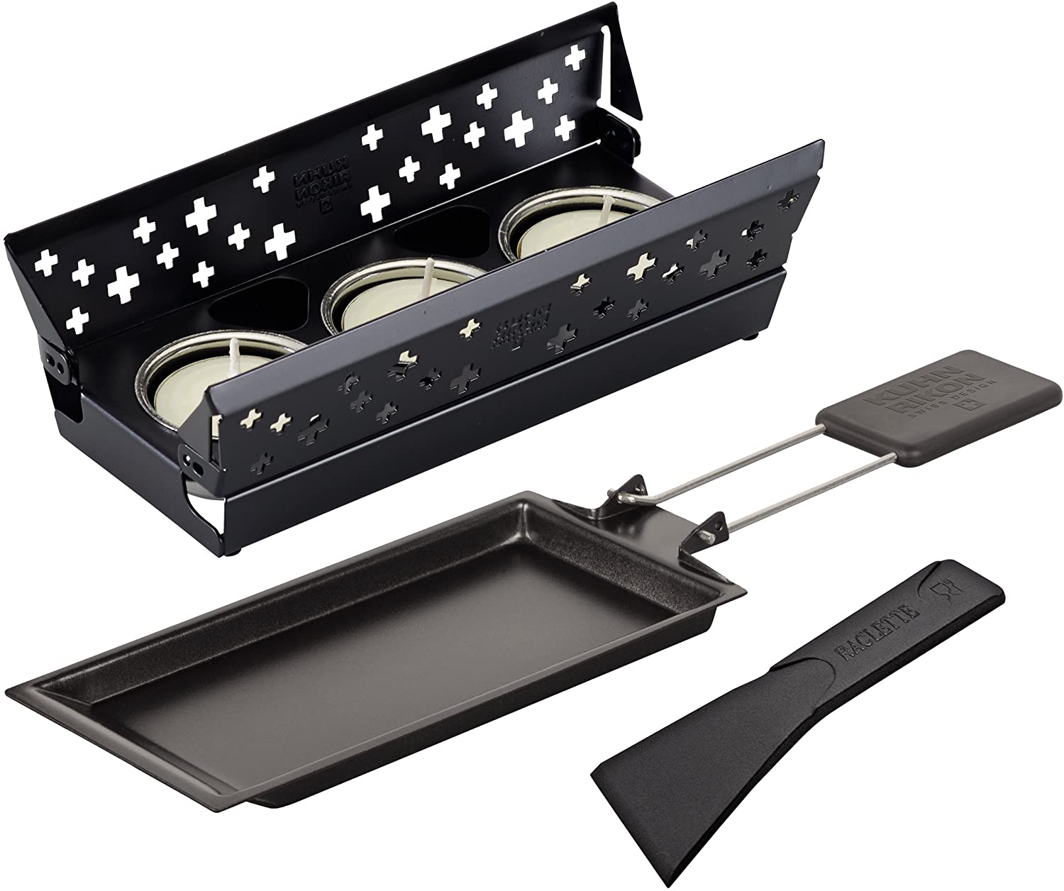 KUHN RIKON Candle Light Mini Swiss Cross Raclette Set, Black, Non-Stick Grill Pan with Tea Light