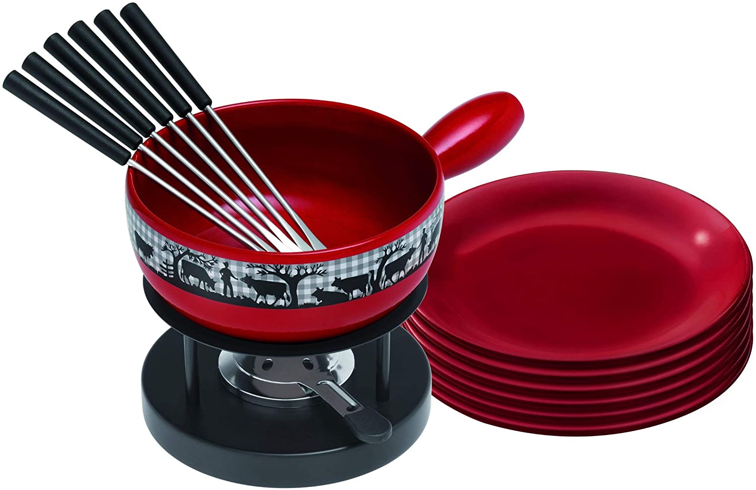 Kuhn Rikon Karo Kuh 32047 Cheese Fondue Set 15-Piece with 6 Plates / 6 Forks With Paste Burner