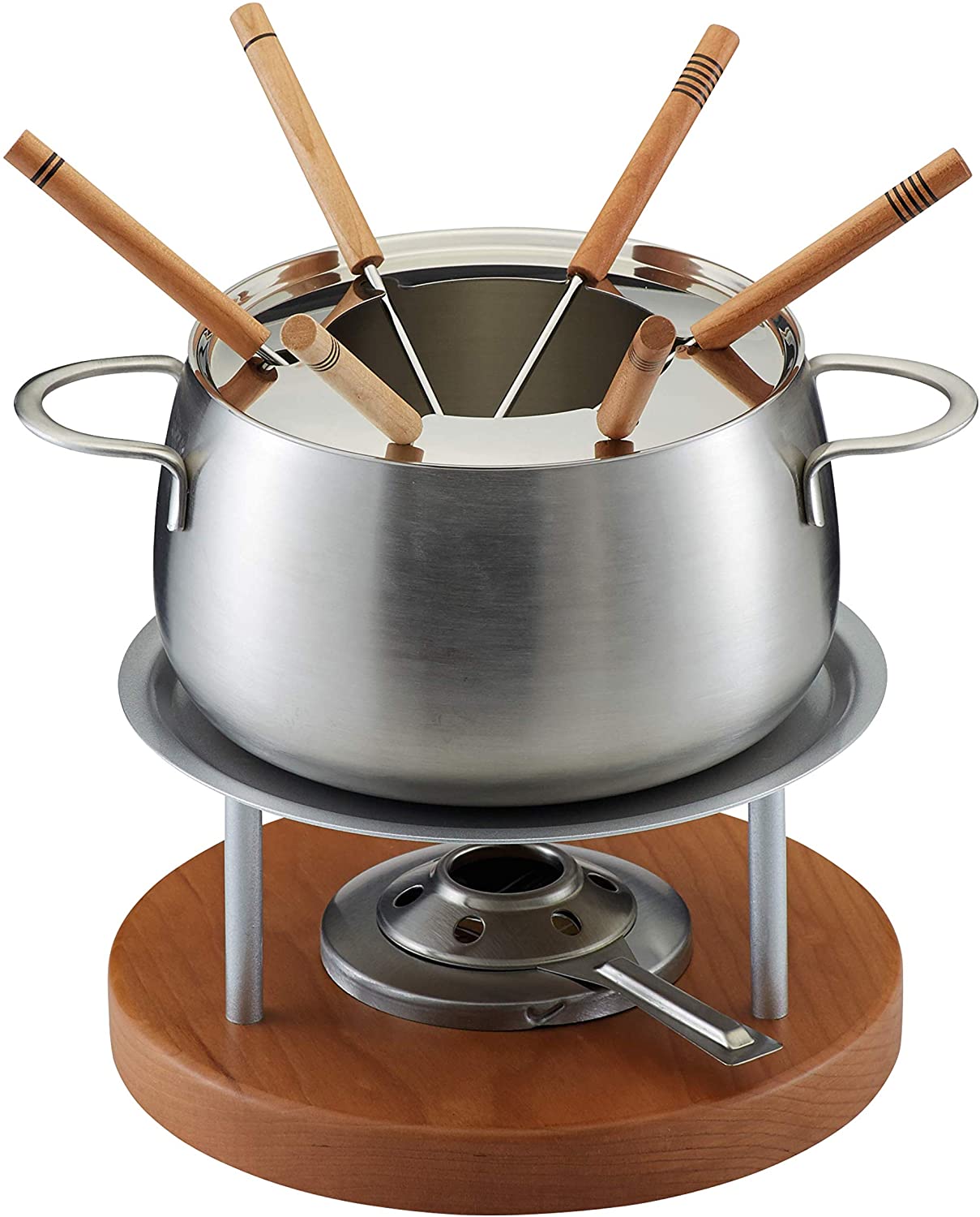Kuhn Rikon Meat Fondue ZerMatt Set, 10pcs., Fondue Pot Ø 15 cm, Chafing Dish, Burner, Forks, Splash Protection, Stainless Steel, Cherry Wood, 32212