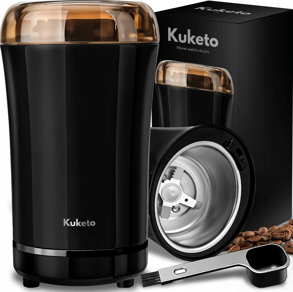 Kuketo | Electric Coffee Grinder 200W Black with Gold – Powerful Coffee and Spice Grinder for Beans, Nuts & Grains