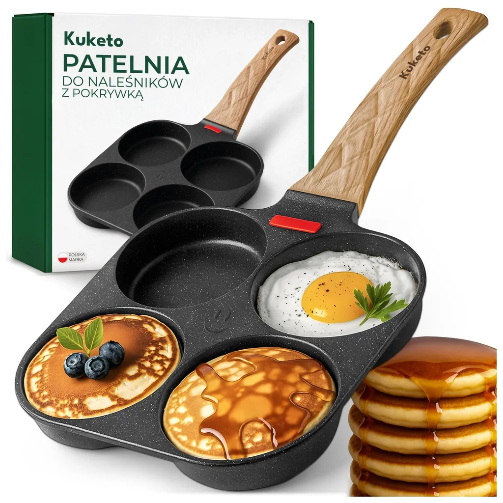 Kuketo | Pancake Pan with Lid – 4 Wells Ø 9 cm, Non-Stick Marble Coating – Induction & Gas – Frying Pan for Eggs, Pancakes & Mini Pancakes
