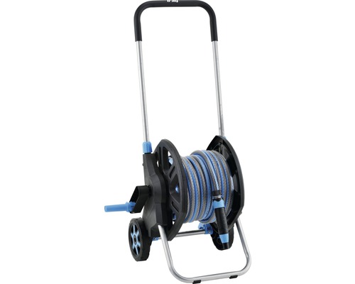 Plastic hose trolley for_q FQ-KSW 20 with soft handle and brake system incl. 20m garden hose comfort 1/2", system parts and infinitely adjustable syringe